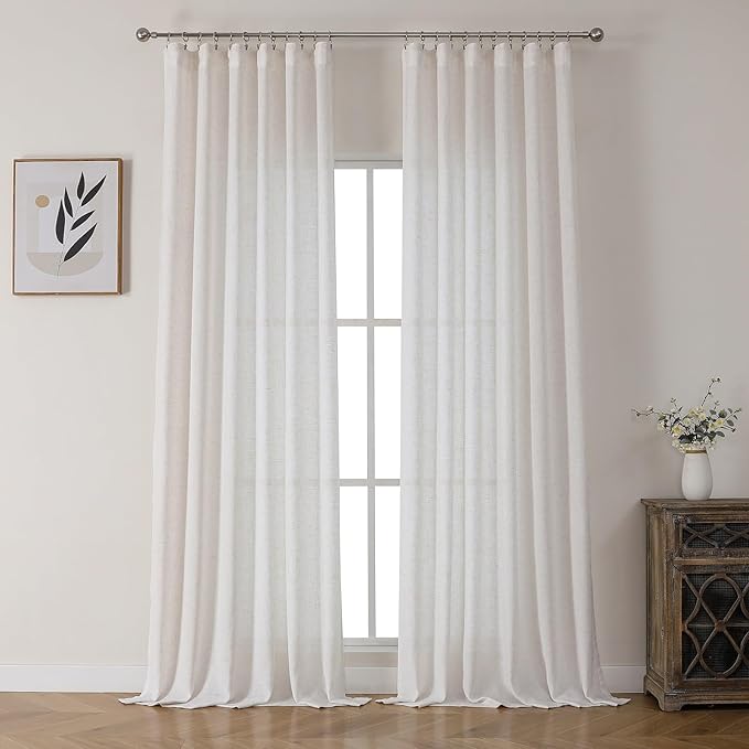 Ivory Linen Semi Sheer Curtains 96 Inches Long, Flax Light Filtering Drapes for Living Room Bedroom, White Oatmeal Window Treatments, Farmhouse Pinch Pleat Curtain with Hooks