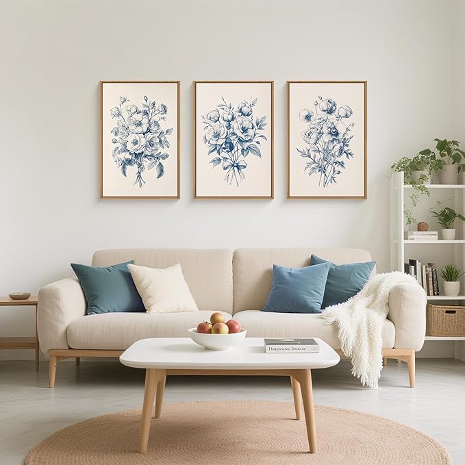 KAIRNE Chinoiserie Floral Wall Art Set of 3, Blue and White Flower Framed Canvas Prints, Vintage Navy Botanical Decor for Living Room, Bedroom, Office - 16×24 inch