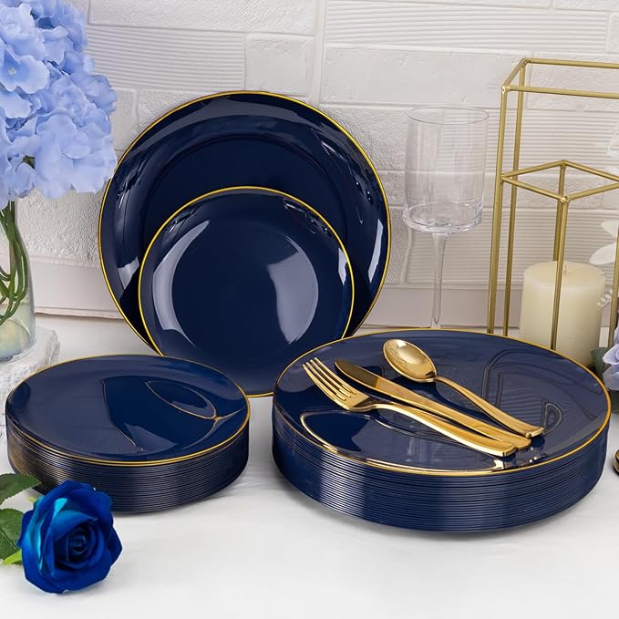 YOUBET 125PCS Blue Plastic Plates - Blue and Gold Plates - Navy Blue Disposable Plates With Gold Rim Include 25 Dinner Plate, 25 Dessert Plate, 75 Golden Silverware Cutlery for Party & Wedding