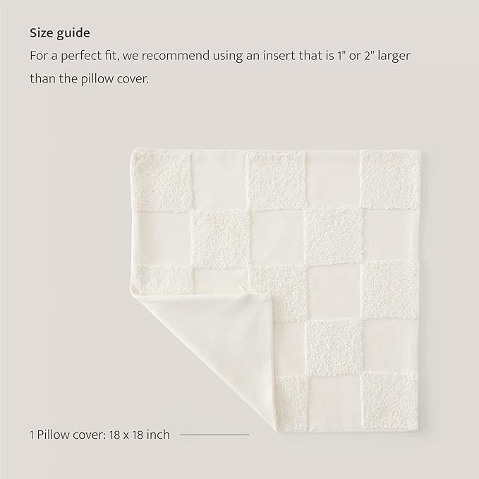 Double Stitch 100% Cotton Throw Pillow Covers - Checkered Tufted Boho Decorative Pillow Covers 18x18, Made in India, Square Cushion Case, Modern Home Decor for Couch, Sofa, Living Room, Cream