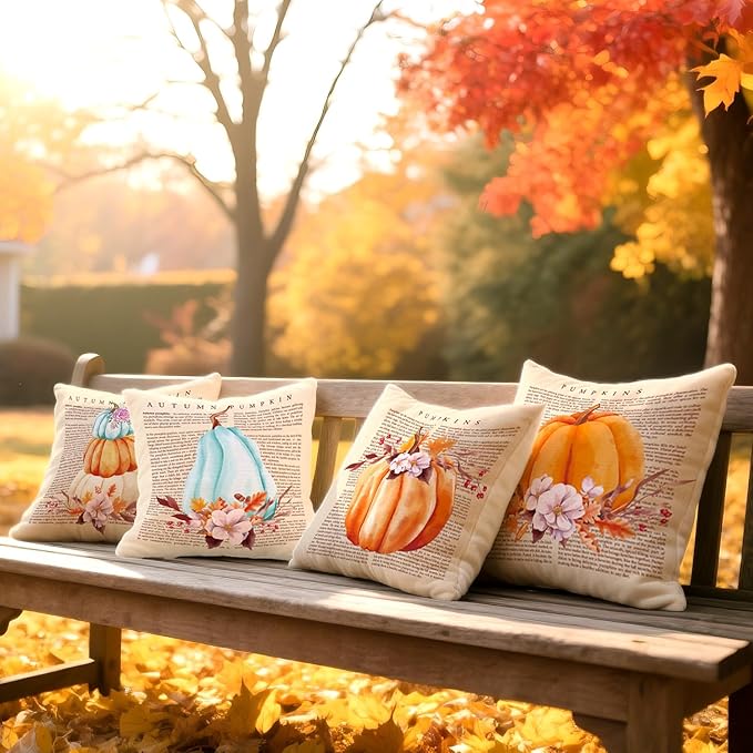 Autumn Thanksgiving Fall Home Decor, Vintage Pumpkin Throw Pillow Covers Set of 4 (18x18 Inch), Cozy Couch Pillow Cases for Indoor & Outdoor, Holiday Accents