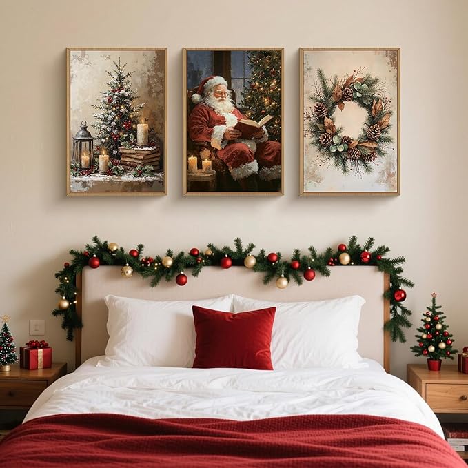 HOURIA Vintage Christmas Framed Canvas Wall Art Set,Santa Claus Reading Book Decor, Wreath Pinecone Berries Artwork,Cozy Night Tree Candle Lantern Prints for Living Room,Xmas 24"x36"x3