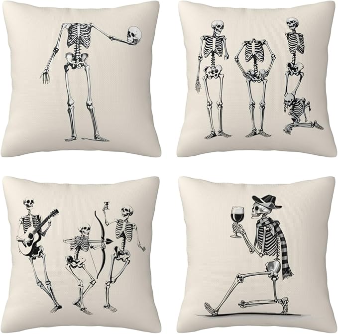 Halloween Pillow Covers 20x20 inch Set of 4, Linen Outdoor Farmhouse Skeleton Skull Spooky Black and White Decorations for Sofa Couch