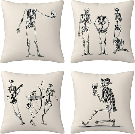 Halloween Pillow Covers 20x20 inch Set of 4, Linen Outdoor Farmhouse Skeleton Skull Spooky Black and White Decorations for Sofa Couch