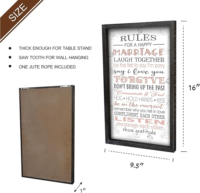 Rules for A Happy Marriage Framed Wall Plaque in Solid Wood Material 16x9.5 Inches Vertical - Bridal Shower Gift for Couples Wife Husband - Affirmation Motivational Inspiring Home Decor Newlywed