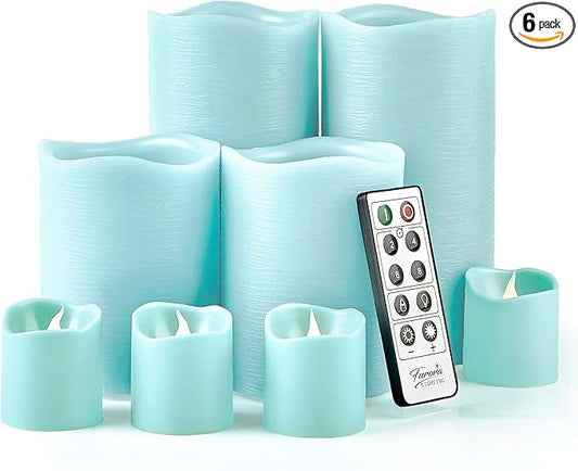 FURORA LIGHTING Blue Real Wax LED Candles with Remote and 6/18 Timer, 4 Pillars and 4 Votives Pack of 8, Flameless Flickering Candles for Home Décor, Battery Included