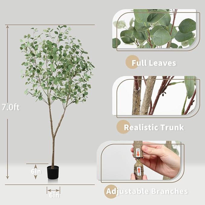Faux Eucalyptus Tree 7ft(84in) Artificial Potted Tree for Indoor Decor Large Realistic Potted with Silk Leaves and Natural Wood Trunk for Home Living Room,Office Foyer,Porch Decor.