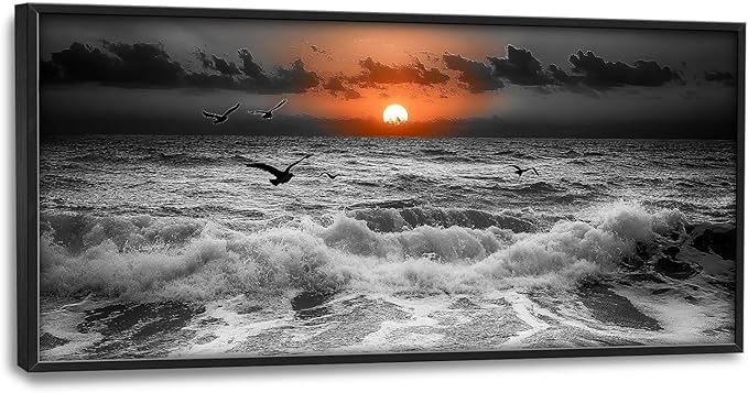 Flintis Large Ocean Sunset Framed Wall Art Beach Seagull Pictures Wall Decor Abstract Natural Landscape Canvas Painting Print Artworks Framed for Living Room Bathroom Master Bedroom 60L X 30W