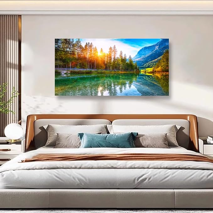 Scenery Canvas Wall Art for Living room Office Bedroom Sunshine Forest Landscape Wall Art Green Nature Pictures Art Print Paintings Modern Mountain Lake Wall Decor Artwork Waterproof -20 * 40inch