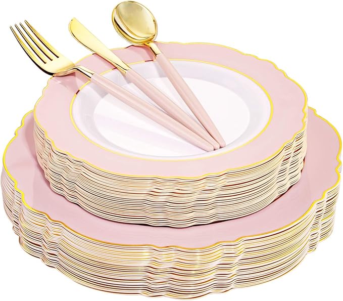 WDF 30Guest Pink Plates Disposable - Hign-end Baroque Design - Gold Plastic Silverware with Handle-Baroque Pink &Gold Plastic Dinnerware for Wedding/Baby Shower