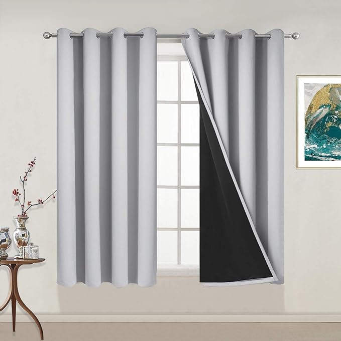 Yakamok 100% Blackout Curtains Energy Saving Thermal Insulated 2 Thick Layers Total Blackout Drapes with Black Liner for Bedroom (52Wx54L, Light Grey, 2 Panels)