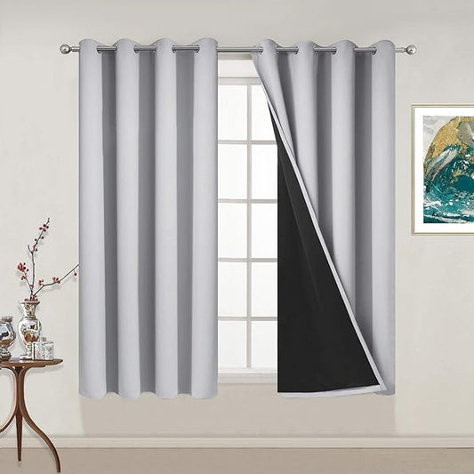 Yakamok 100% Blackout Curtains Energy Saving Thermal Insulated 2 Thick Layers Total Blackout Drapes with Black Liner for Bedroom (52Wx54L, Light Grey, 2 Panels)