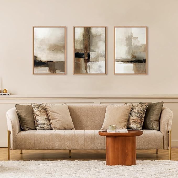 HOURIA Large Abstract Neutral Framed Canvas Wall Art Set,Brown Beige Wall Decor,Minimalist Textured Wall Painting,Modern Brush Stroke Line Art Print for Living Room,Bedroom,Office- 24"x36"x3