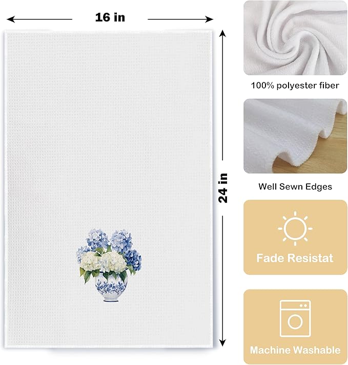 Blue and White Porcelain Chinoiserie Kitchen Towels Set of 2, Hydrangea Floral Dish Towels Tea Towels for Kitchen, Chinoiserie Decor Hand Towels for Bathroom, Grand Millenial Decor 16x24 Inch
