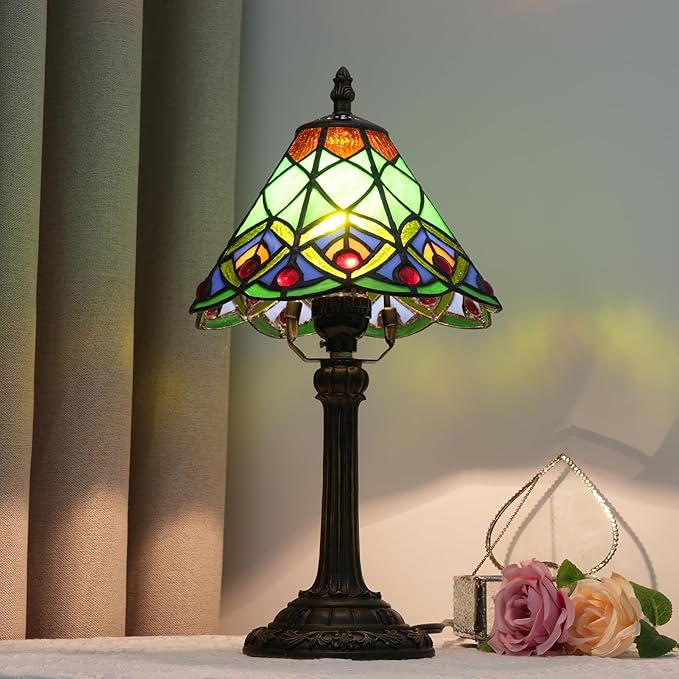 8 Inch Tiffany Style Stained Glass Table Lamp, Peacock Feather Pattern Retro Style Design, Suitable for Bedroom Bedside Lamp Office Study and Other Home Art Decoration (Green)