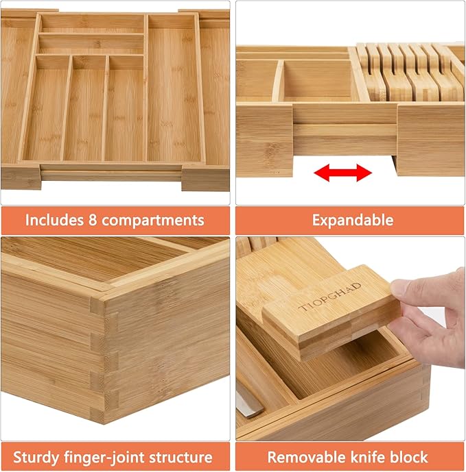 Bamboo-Silverware-Drawer-Organizer-Kitchen, Expandable Utensil Holder Cutlery Tray Flatware Organization Adjustable Wood Tableware Dividers Storage (with Removable Knife Block)(Natural)