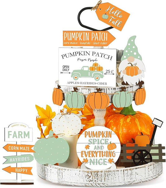 Sumind 15 Pcs Fall Tiered Tray Decor Set Fall Decorations for Home Autumn Wood Signs Thanksgiving Orange Brown Table Signs Farmhouse Wooden Maple Pumpkin Gnomes Tabletop for Festival(Gnomes)