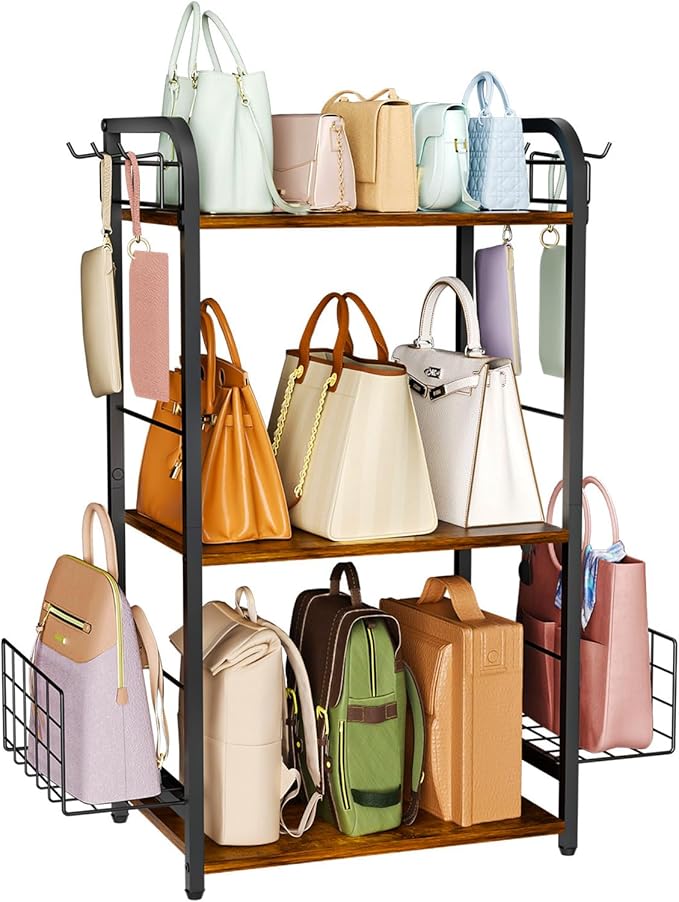 Iron & Wood Floor-Standing 3-Tier Purse Rack with Adjustable Feet, High-Capacity Bag Organizer for Closet, Patent Pending