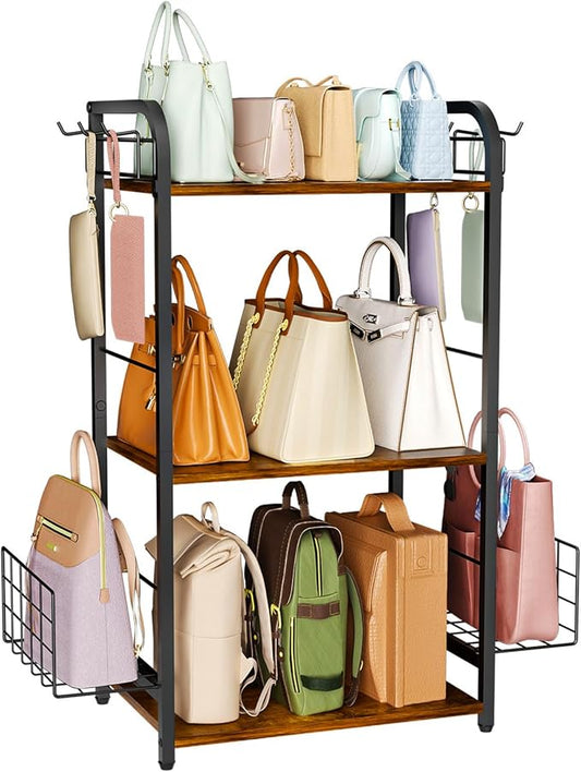 Iron & Wood Floor-Standing 3-Tier Purse Rack with Adjustable Feet, High-Capacity Bag Organizer for Closet, Patent Pending