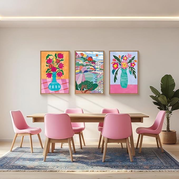 HOURIA Colorful Flower Field Landscape Framed Canvas Wall Art Set,Abstract Pink Floral Vase Wall Decor,Natural Botanical Tree Artwork,Modern Sunrise Art Prints for Living Room,Farmhouse-16 x24 x3