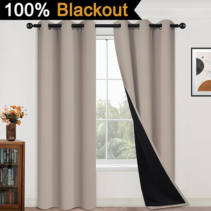 Yakamok 100% Blackout Curtains 84 Inches Long, 2 Thick Layers Heat and Full Light Blocking Soft Thermal Insulated Drapes for Bedroom(42" Wide Each Panel, Natural, 2 Panels)