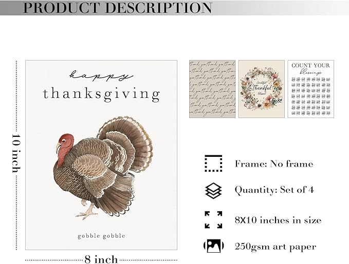 JXREQ Thankful Grateful Blessed Wall Decor Posters, Turkey Decorations for Thanksgiving Kitchen Bedroom Living Room Unframed, Count Your Blessings Wall Art Prints, 8x10 Inch 4Pcs