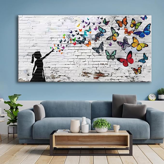 Canvas Wall Art Butterfly Girl - Modern Graffiti Paintings for Living Room, Bedroom Wall Decor, Framed Wall Art for Home or Office Decoration 20"x40"(50CMx100CM)