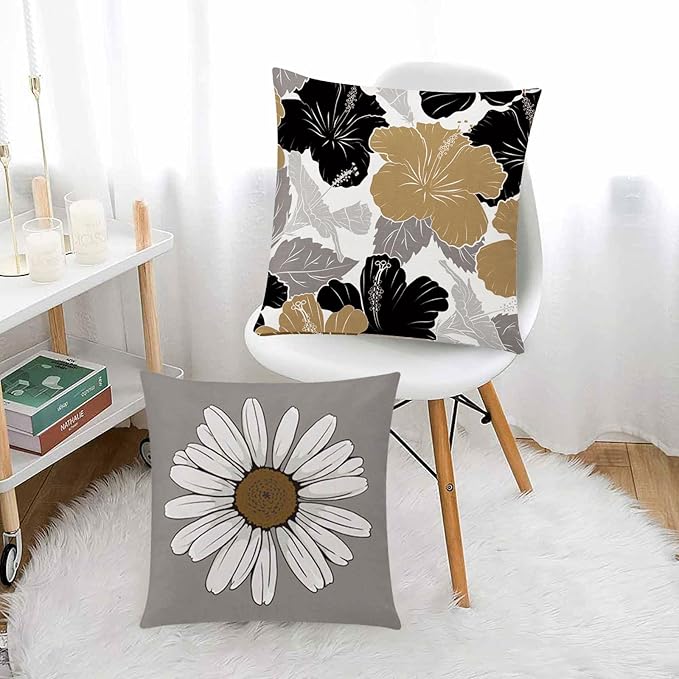 Brown Black Pillow Covers 16x16 Set of 6, Daisy Flower Throw Pillow Cover Case Rustic Square Cushion Cover for Sofa Bedroom Living Room Farmhouse Home Decor