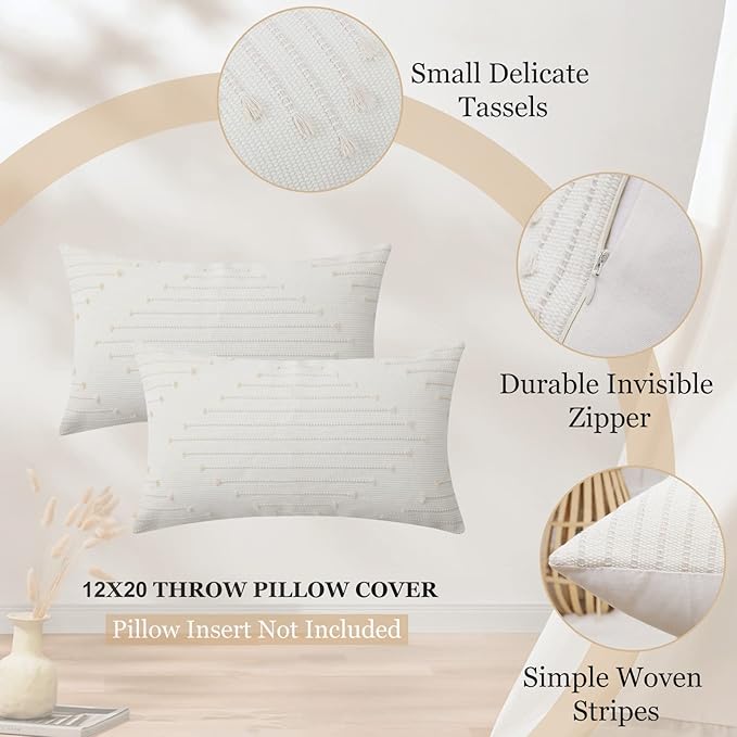 Mecatny Boho Outdoor Throw Pillow Covers 12X20 Set of 2, Farmhouse Lumbar Pillow Covers for Couch Sofa Living Room, Beige & Cream White