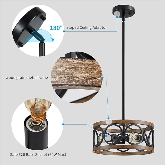 XINGQI Farmhouse Drum Pendant Light Modern 3-Light 13" Chandeliers for Dining Room, Vintage Retro Metal Hanging Light Fixtures for Entryway, Bedroom, Matte Black + Wood Grain Finish