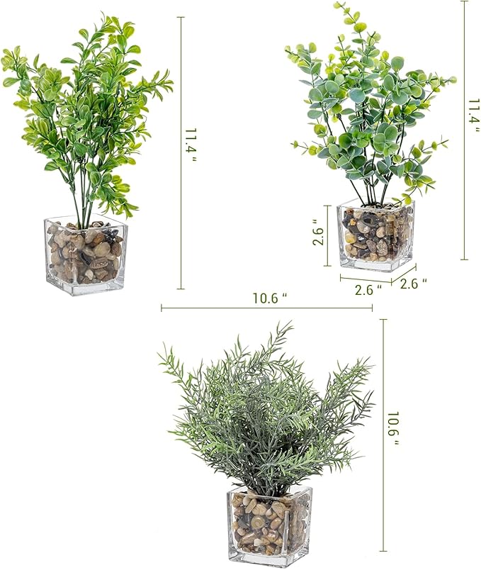 MyGift Artificial Rosemary Eucalyptus and Boxwood Plants Potted in Clear Glass Square Pots, Assorted Faux Greenery Indoor Home Table Centerpiece Office Desk Decor, 3 Piece Set