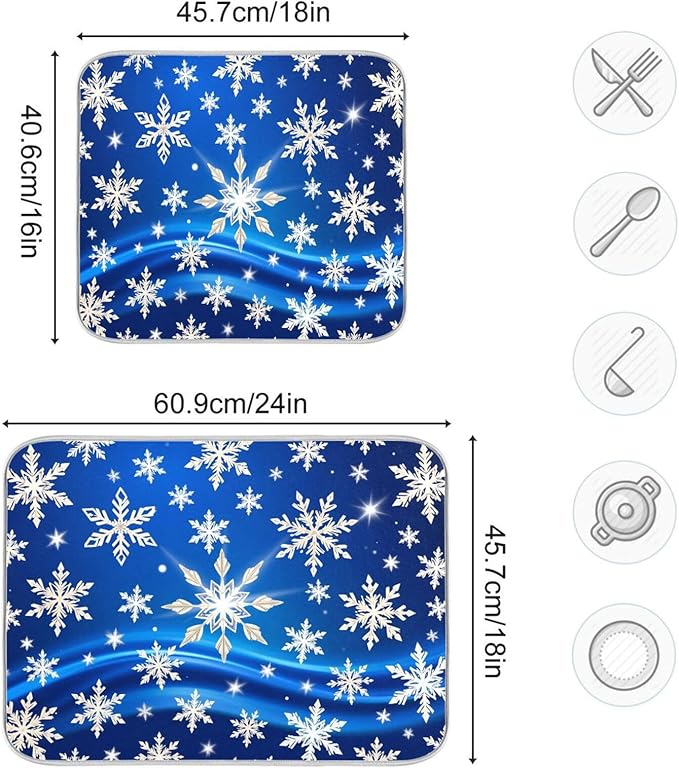 Christmas Blue Snowflakes Dish Drying Mat for Kitchen Counter 18 x 24 Snow Flakes Microfiber Dry Dishes Mats Drainer Mat Dish Drying Pad for Countertops