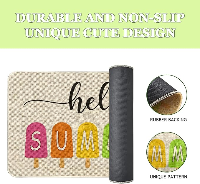 Hello Summer Front Door Mat 30x17 Inch Summer Welcome Doormat Indoor Outdoor Entrance Floor Mats Non-Slip Washable Seasonal Summer Home Decor Rugs