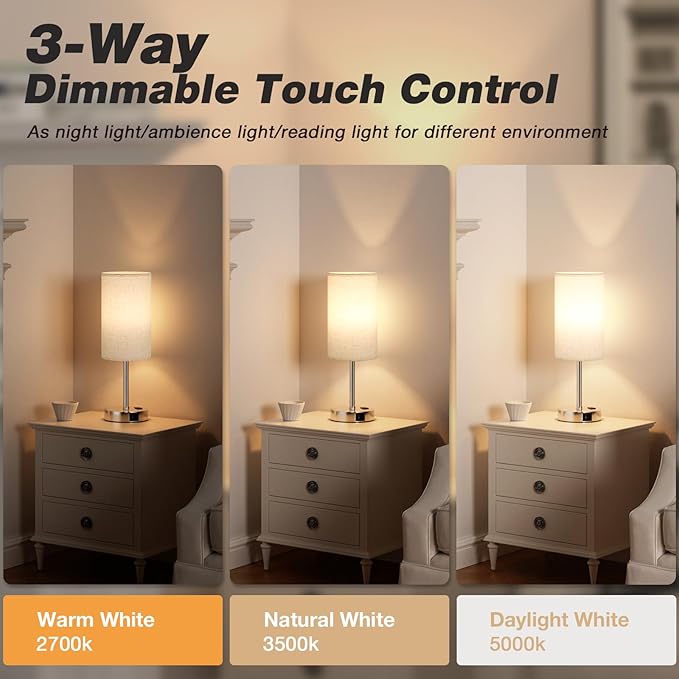 17.4Inch Bedside Touch Table Lamps for Bedroom Nightstand with USB-C USB-A Charging Ports White - 3 Way Dimmable Control Small Lamp Fabric Shade Silver Base for Office, Dorm Room, Living Room, Reading