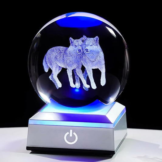 Ornalrist Wolf Gifts for Women, Men - 3D Crystal Ball Engrevd Couple Wolfs 3.15'' with LED Light Base - Wolf Lover Night Light Figurinefor Home Decor