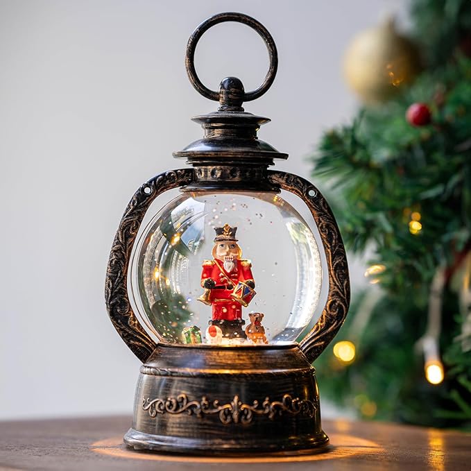 Musical Snow Globe Lantern Lighted Nutcracker Christmas Snow Water Lantern Swirling Glittering Home Decoration and Gift, Battery Operated or USB Powered