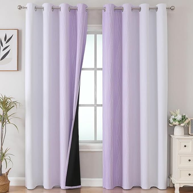 Estelar Textiler Lilac and Greyish White Ombre Blackout Curtains 90 Inch Length 2 Panels Set, Thermal Insulated Drapes for Bedroom,Full Light Blocking Grommet Gradient Curtains for Living Room,52Wx90L