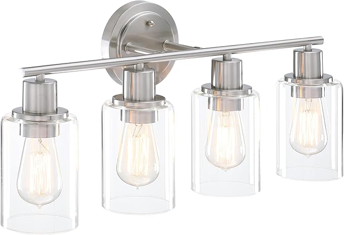 Brushed Nickel 4-Light Bathroom Light Fixture Over Mirror Sink, 4-Light Bathroom Vanity Lights Brushed Nickel Vanity Wall Sconce for Mirror