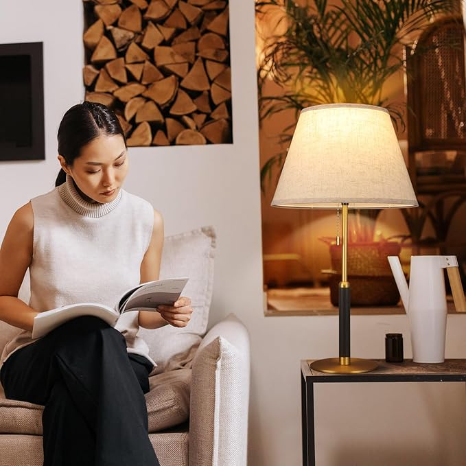 26.4" Living Room Modern Table Lamp Bedside Lamps for Bedroom 3-Color Temperatures Pull Chain Switch Nightstand Lamp for End Tables Wood Fabric for Home/Office/Desk Decor (Light Brown+Brass)