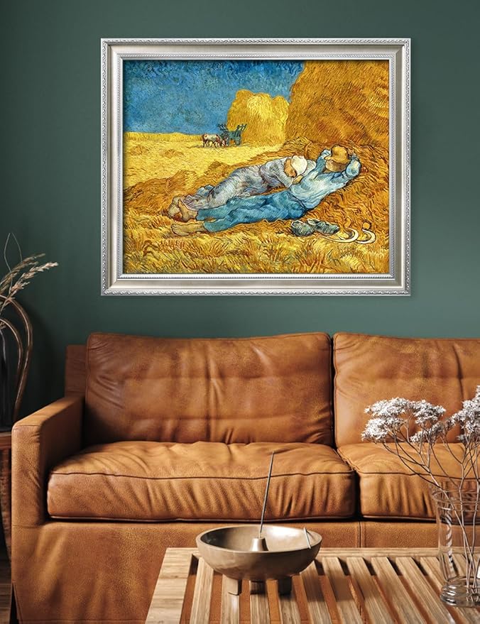 DECORARTS - Noon: Rest from Work by Vincent van Gogh, Museum-Quality Giclee Canvas Print with Silver Solid Wood Frame, 34.75 x 28.75 in, Ready to Hang, Made in USA
