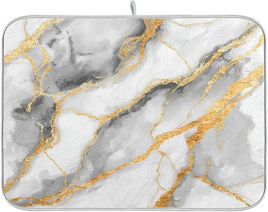 White Marble Dish Drying Mat for Kitchen Counter 18 x 24 Inch Gold Marbling Granite Absorbent Microfiber Dry Dishes Mats Drainer Mat Dish Drying Pad for Countertops