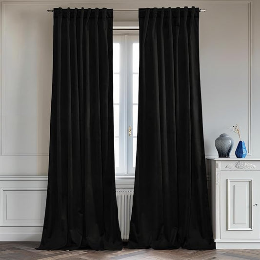 StangH Black Velvet Curtains 90 inches Movie Backdrops for Theater, Thick Heavy Blackout Curtains Privacy Protection Back Tab Door Panels for Wardrobe/Bathroom, W62 x L90, 2 Panels