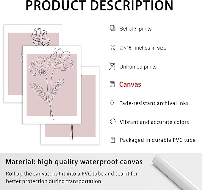 WRFON Unframed Pink Line Flower Canvas Wall Art, Light Pink Botanical Aesthetic Pictures, Minimalist Black Line Floral Poster Prints, Abstract Plants Wall Decor for Girls' Room Apartment 12"x16"x3