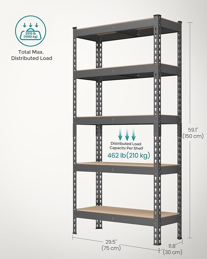 SONGMICS 5-Tier Storage Shelves, Load 2310 lb, Garage Storage, Boltless Assembly, Adjustable Shelving Unit, 11.8 x 29.5 x 59.1 Inches, for Study Shed Basement, Gray and Natural Beige UGLR300G01