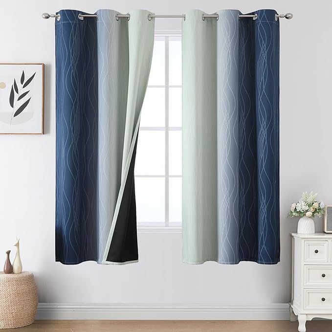 Estelar Textiler Navy Blue and Sage Green Ombre Blackout Curtains 63 Inches Long 2 Panels, Full Room Darkening Grommet Curtains for Bedroom, Thermal Insulated Light Blocking Gradient Drapes, 42Wx63L