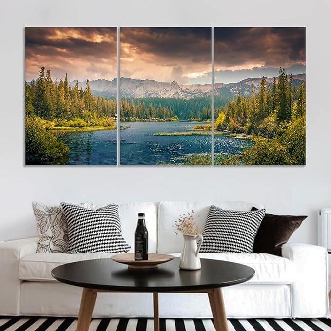 3 Piece Landscape Lake Wooden Framed Canvas Wall Art Mountains Forest Picture Print Nature Park Large Poster Painting Artwork for Living Room Office Wall Decoration Ready to Hang [72''Wx 36''H]