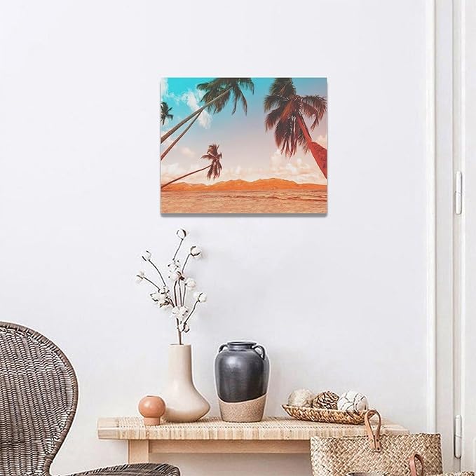 Large Beach Palms Wall Art Coastal Tropical Palm Tree Pictures Wall Decor Bathroom Ocean Nautical Canvas Painting Print Modern Home Decor Artwork Framed for Living Room Bathroom Master Bedroom 20"x16"
