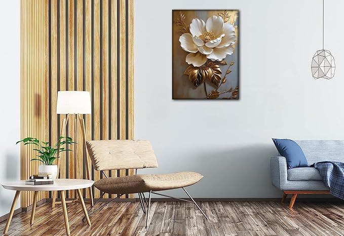 Flower Pictures Canvas Wall Art White Gold Flowers Elegant Wall Decor pictures 3D Retro Floral poster prints for Bedroom Bathroom Wall Decorations (16inx24in canvas)