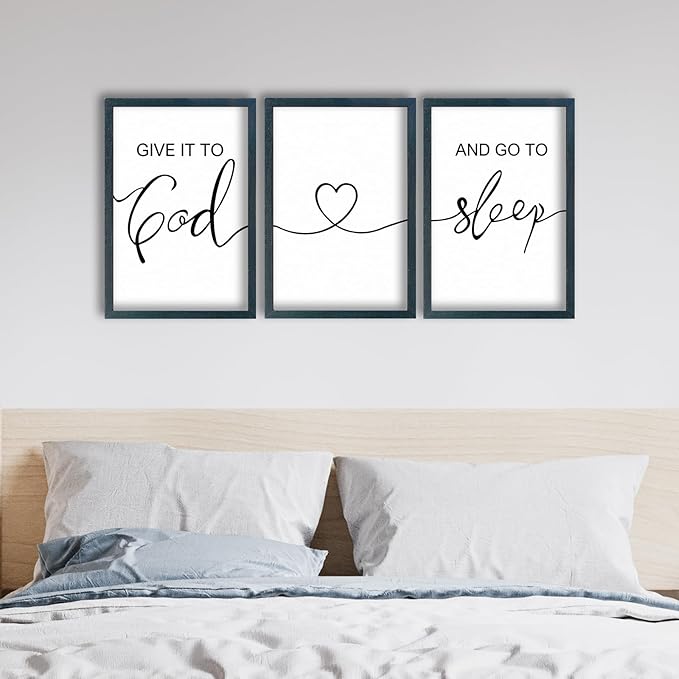 SRSZHIYUE Give It To God And Go to Sleep Set of 3 Wall Decor 16"x11" for Master Bedroom Above Bed Sign Guest Room Decoration (Black)
