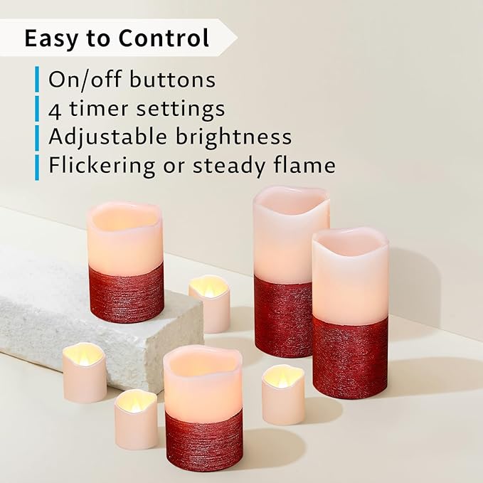 FURORA LIGHTING Red Real Wax Trim Candles with Remote and Timer, Pack of 8 Pillar & Votive Candles, LED Flameless Flickering Candles for Home Décor, Battery Included